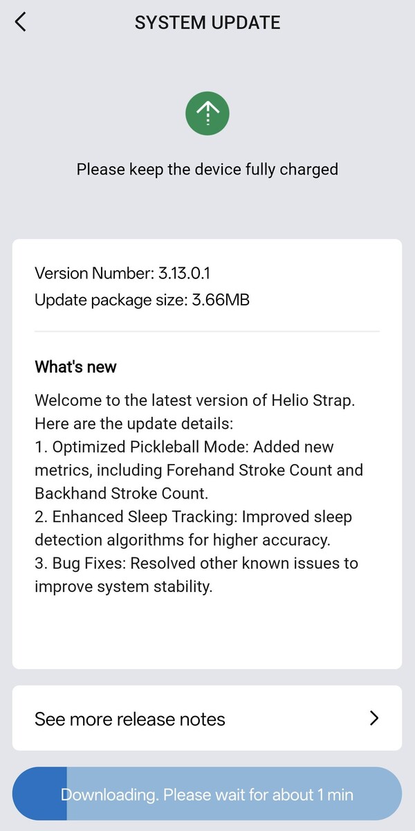 As notas de lançamento do firmware Helio Strap v 3.13.0.1 da Amazfit