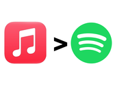 Apple Music, um símbolo de maior que e o logotipo do Spotify.