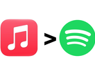 Apple Music, um símbolo de maior que e o logotipo do Spotify.