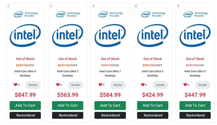 Listagens da série Core Ultra 200K na PC-Canada. (Fonte da imagem: PC-Canada)
