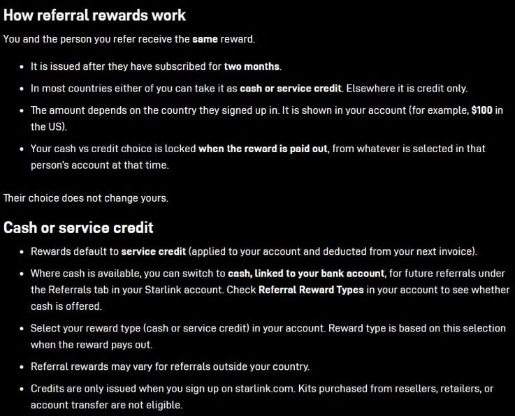 Condições de indicação com recompensa em dinheiro da Starlink
