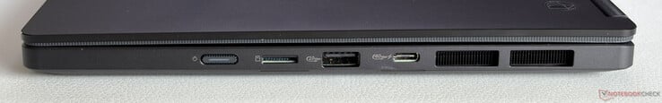Correto: Botão liga/desliga, leitor de cartão microSD, USB-A 3.2 Gen.2 (10 Gbps), USB-C 4.0 (40 Gbps, DisplayPort, fornecimento de energia)