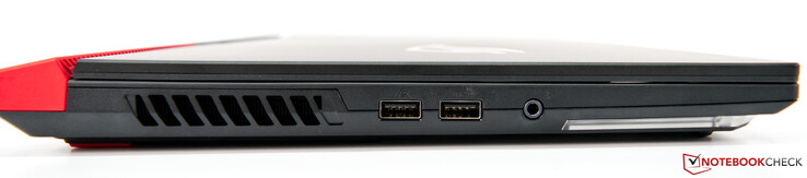 Esquerda: Saídas de ar, 2x USB-A 3.0, conector de áudio de 3,5 mm