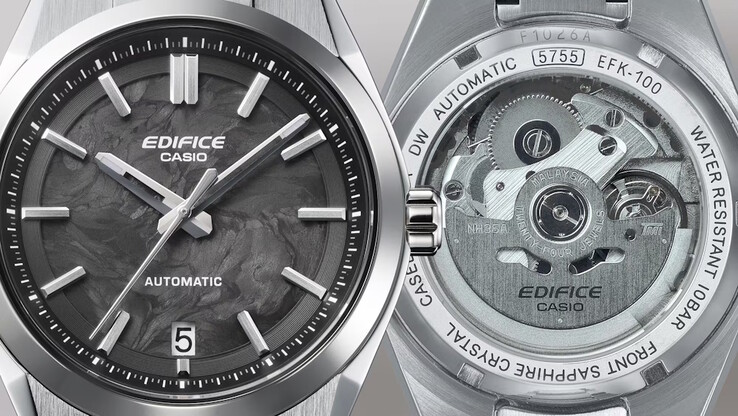 O Casio Edifice EFK-100D-1A com mostrador de carbono forjado tem a parte traseira transparente. (Fonte da imagem: Casio)