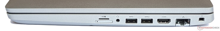Lado direito: Leitor de cartão MicroSD (superior), slot para cartão SIM (inferior), 2x USB 3.2 Gen 1 Tipo A, HDMI, LAN Gigabit, trava de cabo