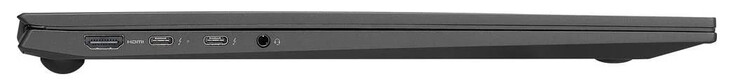 Lado esquerdo: HDMI, 2x Thunderbolt 4 (USB-C; Power Delivery, DisplayPort), áudio combinado
