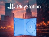 Banner das ações da Sony exibido com uma caixa física de jogo vazia