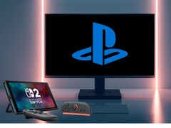 Switch 2 ao lado de um monitor de PC com o logotipo do PlayStation (Fonte da imagem: Nintendo of America, Sony PlayStation com edições)