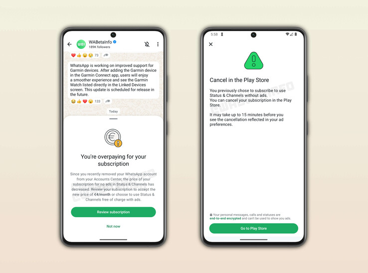 As capturas de tela do WABetaInfo mostram um preço de assinatura de 4 euros por mês (Fonte da imagem: WABetaInfo)