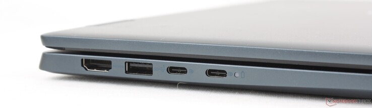 Esquerda: HDMI 1.4, USB-A 3.2 Gen. 1, 2x USB-C 3.2 Gen. 2 com DisplayPort + Power Delivery
