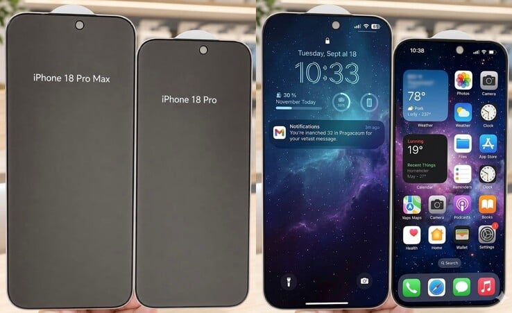 Os protetores de tela vazados da série iPhone 18 Pro (à esquerda) parecem mais altos do que os da série iPhone 17 Pro. O vazamento/rumor de uma proporção de tela mais alta ainda não foi corroborado por outras fontes.