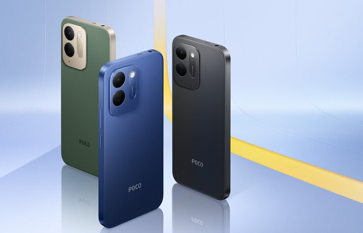O Poco C95 Pro está disponível nos acabamentos Preto, Azul e Verde.
