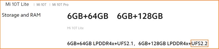 128 GB Mi 10T Lite com UFS 2.2. (Fonte da imagem: Xiaomi UK)