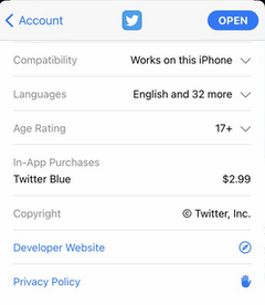 Twitter Blue, uma camada paga do Twitter, pode estar a caminho. (Imagem via Jane Manchun Wong no Twitter)