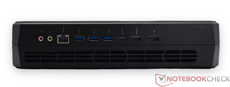 Traseira: Entrada de microfone, saída de linha, RJ45 2,5G, 3x USB 3.2 Gen2 Tipo A, porta USB 3.2 Gen2 Tipo C (Alt Data e DP), HDMI 2.1, DisplayPort 2.0