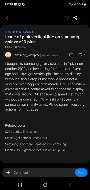 Usuários reclamando de Galaxy S20 Plus apresentam problemas de exibição nos Membros Samsung (imagem através do próprio)