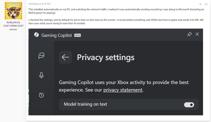 Preocupações com a privacidade do Gaming Copilot (Fonte da imagem: captura de tela, fóruns RedbullCola@ResetEra)
