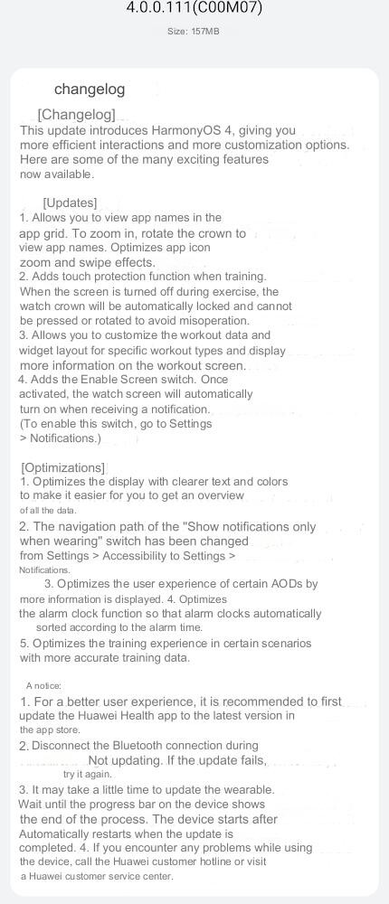 O changelog da versão de atualização 4.0.0.111(C00M07) para o Huawei Watch GT 3 Pro. (Fonte da imagem: Huawei.blog/Google Translate)