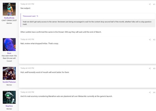 Postagem no fórum do ResetEra sobre o atraso na revisão da Maratona