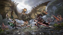 Os caçadores enfrentam um wyvern alado em combate cooperativo em Monster Hunter Outlanders. 