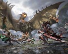 Os caçadores enfrentam um wyvern alado em combate cooperativo em Monster Hunter Outlanders. 