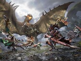 Os caçadores enfrentam um wyvern alado em combate cooperativo em Monster Hunter Outlanders. 
