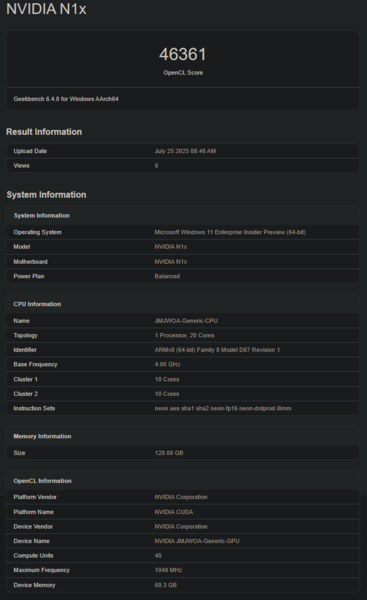 Desempenho da GPU do Geekbench do Nvidia N1X (fonte da imagem: Geekbench)