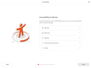 As novas opções de acessibilidade no instalador baseado no Flutter do Ubuntu 24.04 (Imagem: Canonical).