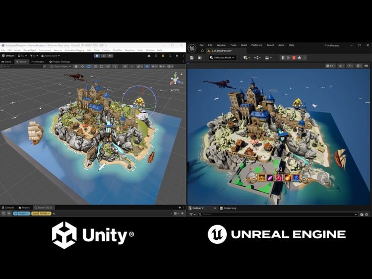 A demonstração compara o projeto Fantasy Kingdom em execução no Editor do Unity com a versão renderizada pelo Unreal Engine.