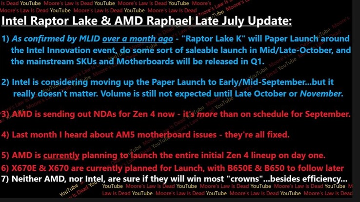 Vazamentos da MLID referentes ao Lago Raptor e à data de lançamento do Zen 4. (Fonte: MLID)