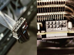 Um cabo queimado da PSU 12VHPWR e o conector de alimentação na GPU. (Fonte da imagem: Roachard no Reddit. Editado)