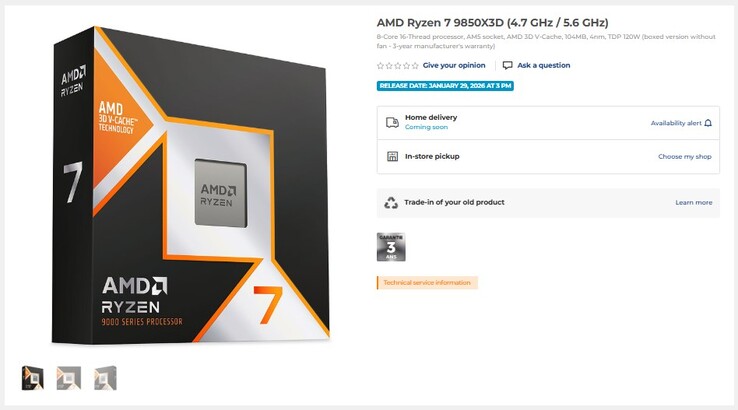 Listagem do Ryzen 7 9850X3D. (Fonte da imagem: LDLC)