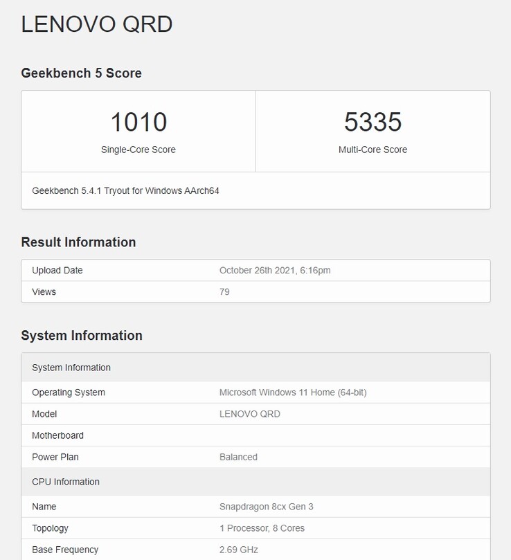 Um QRD baseado nas características do 8cx Gen 3 no Geekbench, novamente. (Fonte: Geekbench)