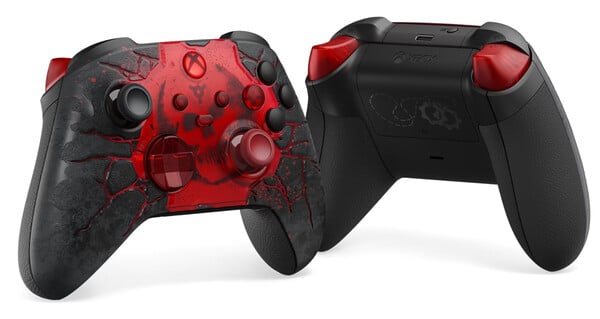 O controle da edição limitada do Gears of War: E-Day possui um design 3D na parte frontal.