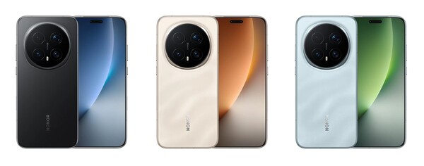 O Honor Magic 8 Pro em preto, Sunrise Gold e Sky Cyan. (Fonte da imagem: Honor)