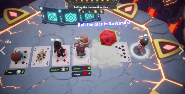 Jogabilidade multijogador de “One Last Hand” mostrando cartas e um lançamento de dados para desempate