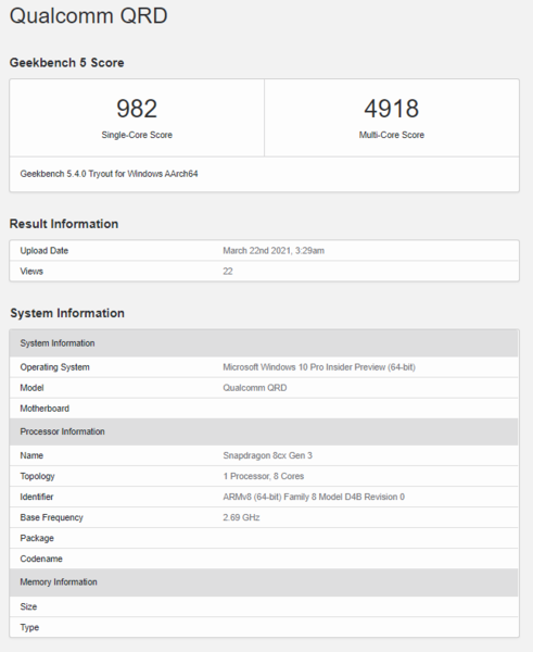 O Snapdragon 8cx Gen 3 parece ter sido comparado a um dispositivo de Design de Referência da Qualcomm. (Fonte de imagem: Geekbench)