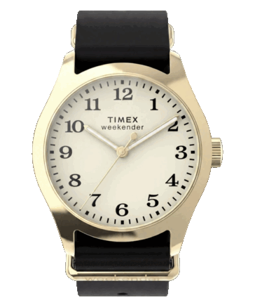 Timex Weekender New England TW2Y86600, com caixa dourada de 34 mm, mostrador creme e pulseira de couro preta.