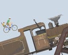 Jogabilidade de Happy Wheels mostrando um pai e um filho pedalando em direção a uma grande locomotiva em uma pista de obstáculos criada pelo usuário.
