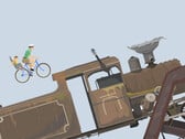 Jogabilidade de Happy Wheels mostrando um pai e um filho pedalando em direção a uma grande locomotiva em uma pista de obstáculos criada pelo usuário.