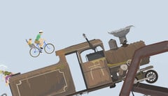 Jogabilidade de Happy Wheels mostrando um pai e um filho pedalando em direção a uma grande locomotiva em uma pista de obstáculos criada pelo usuário.