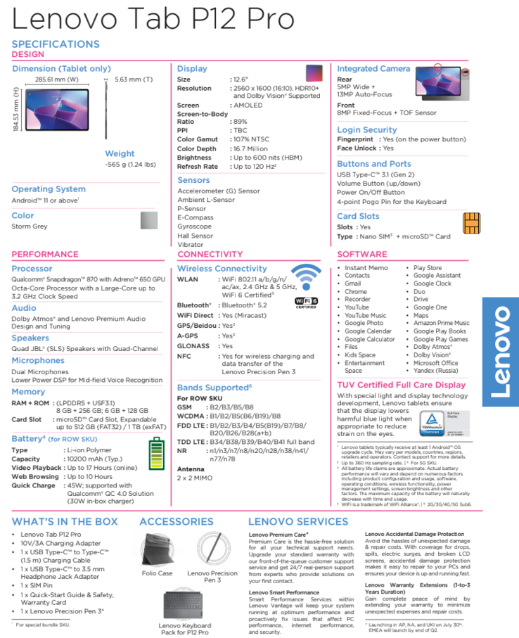 Especificações da Lenovo Tab P12 Pro (imagem via Lenovo)