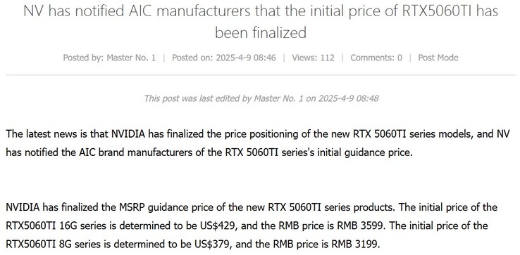 Informações sobre preços da RTX 5060 Ti de 16 GB e 8 GB. (Fonte da imagem: Board Channels via VideoCardz)