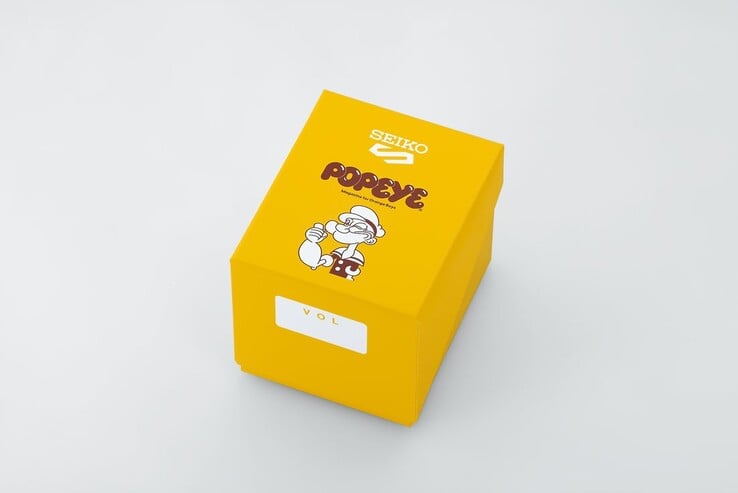 Caixa de apresentação amarela de edição especial para o Seiko 5 Sports x Popeye HDB013, com a marca Popeye e ilustrações comemorativas.