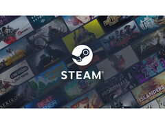 Uma imagem promocional do Steam com seu logotipo no meio, exibida em um fundo com várias capas de jogos. (Fonte da imagem: Steam)