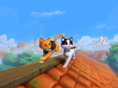 Imagem promocional principal de *The Missing Tail*, apresentando o gato da realeza e o gato de rua explorando uma vila juntos.