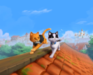 Imagem promocional principal de *The Missing Tail*, apresentando o gato da realeza e o gato de rua explorando uma vila juntos.