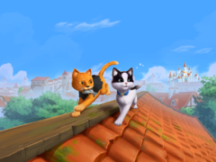Imagem promocional principal de *The Missing Tail*, apresentando o gato da realeza e o gato de rua explorando uma vila juntos.