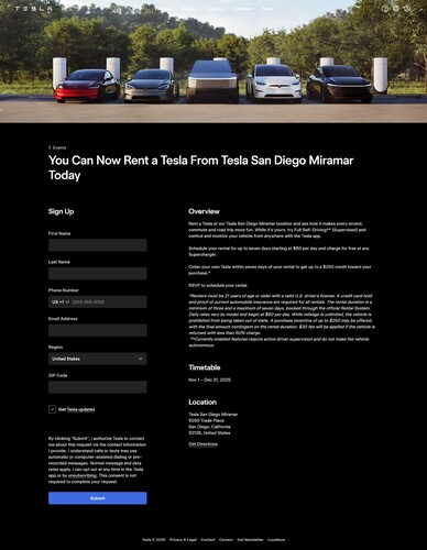 Tesla passa a ser alugada: Vários modelos, incluindo o Cybertruck, podem ser alugados na Califórnia por até uma semana, com FSD e carregamento gratuito. (Fonte da imagem: Tesla)