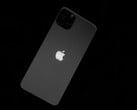 A parte traseira de um iPhone com o logotipo da Apple em um fundo preto